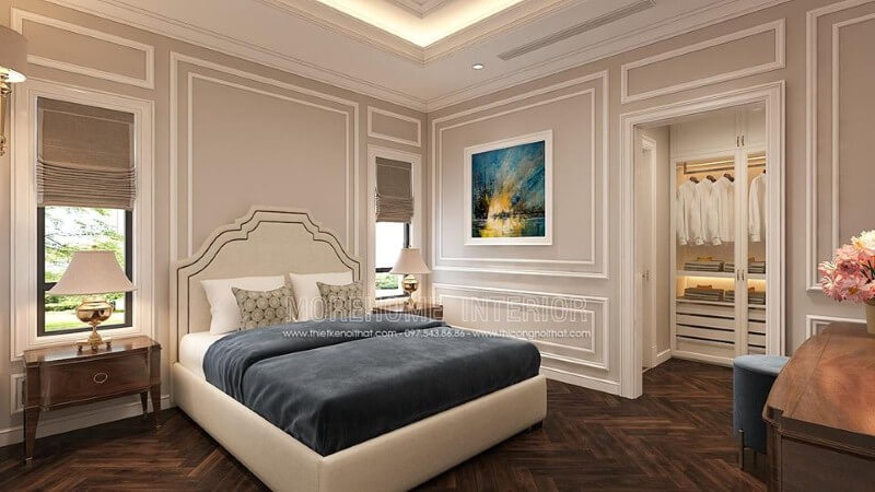 Sắp xếp nội thất phòng ngủ tân cổ điển có tủ quần áo đẹp, sang trọng. Mẫu nội thất biệt thự đẹp