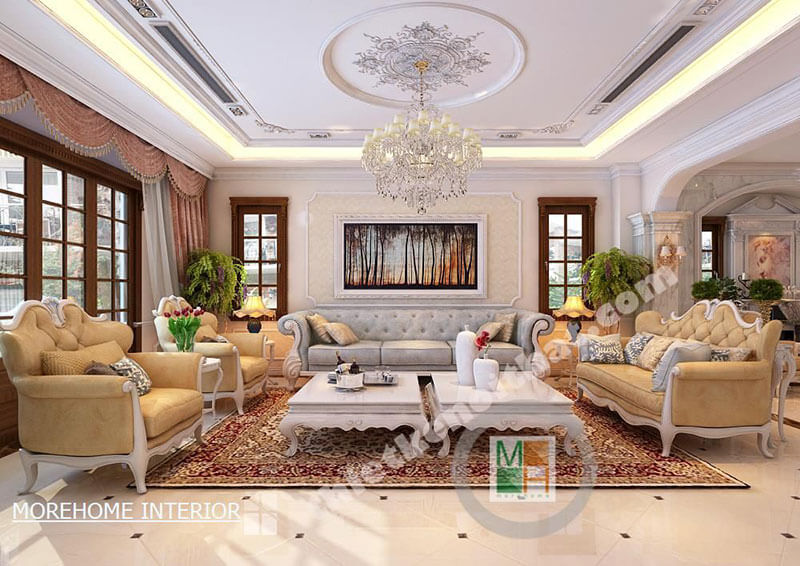 Thiết kế nội thất phòng khách sang trọng, cao cấp tại biệt thự Quảng Ninh Ấn tượng với các mẫu thiết kế phòng khách tân cổ điển tiện nghi