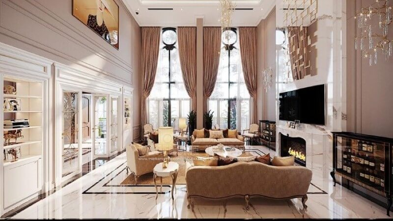 Sắp xếp nội thất phòng khách tân cổ điển đẹp, sang trọng tại Vinhomes Imperia Hải Phòng. Mẫu thiết kế nội thất biệt thự đẹp