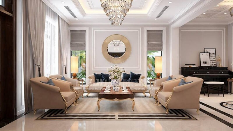Bộ bàn ghế sofa chân gỗ mạ vàng đẹp, sang trọng cho không gian phòng khách biệt thự, nhà phố. Mẫu thiết kế nội thất biệt thự đẹp