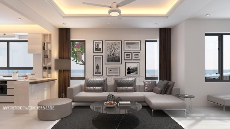 Chất liệu da sáng bóng cao cấp với tone xám tinh tế của thiết kế sofa góc hiện đại nổi bật giữa không gian phòng khách biệt thự, nhà phố Mẫu thiết kế nội thất biệt thự đẹp
