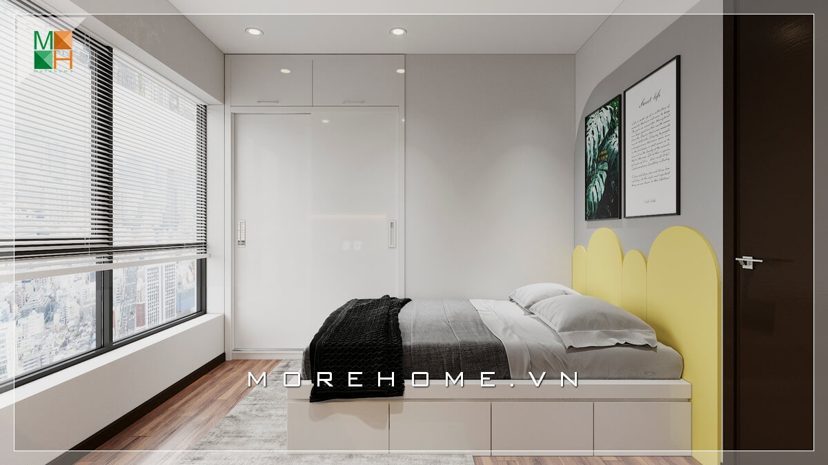 Mẫu giường ngủ khung gỗ hiện đại hướng ra phía cửa sổ thiết kế rộng, sắc vàng đầu giường nổi bật tạo điểm nhấn cho căn phòng ngủ chung cư. Mẫu nội thất chung cư hiện đại
