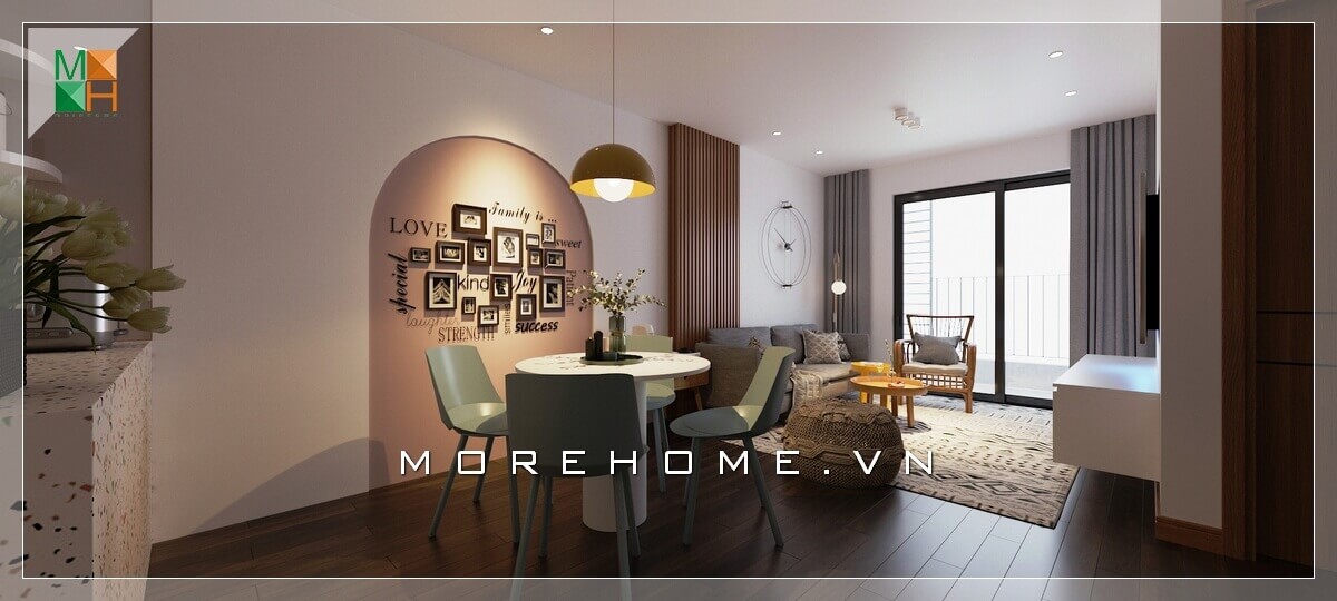 Mẫu thiết kế bàn ăn chung cư 4 ghế mang phong cách khá đơn giản mà hiện đại không quá cầu kỳ nhưng vẫn gây ấn tượng. Mẫu nội thất chung cư hiện đại