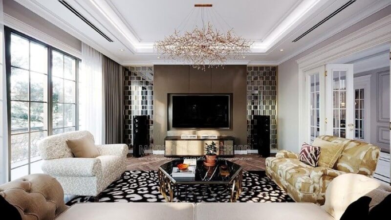 Vách kim loại mạ vàng kết hợp cùng tấm ốp tường đơn sắc tạo nên không gian sang trọng cho biệt thự, nhà phố. Mẫu nội thất biệt thự đẹp