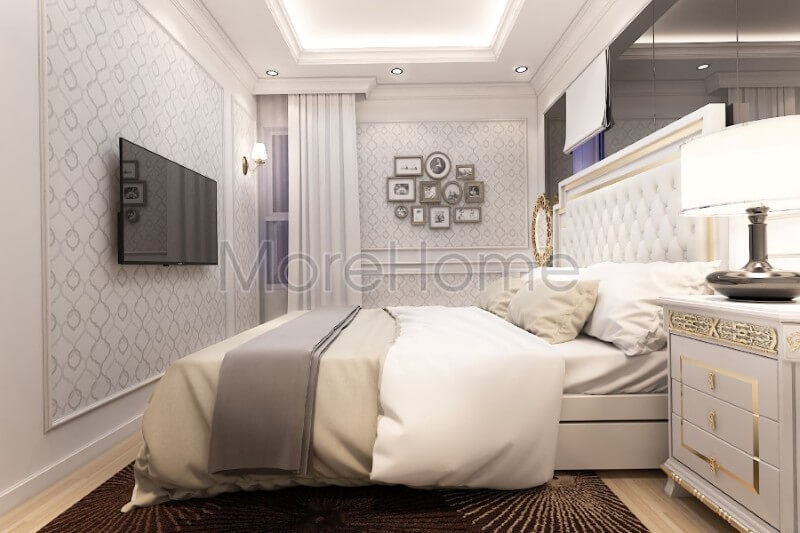 Trang trí nội thất phòng ngủ master với tone màu trắng chủ đạo, không quá nổi bật nhưng vẫn mang lại sức hút thêm cho không gian Mẫu nội thất chung cư