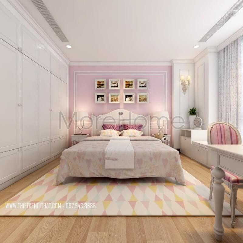 Trang trí nội thất phòng ngủ con chung cư cao cấp với gam màu hồng phấn đóng vai trò chủ đạo Mẫu nội thất chung cư