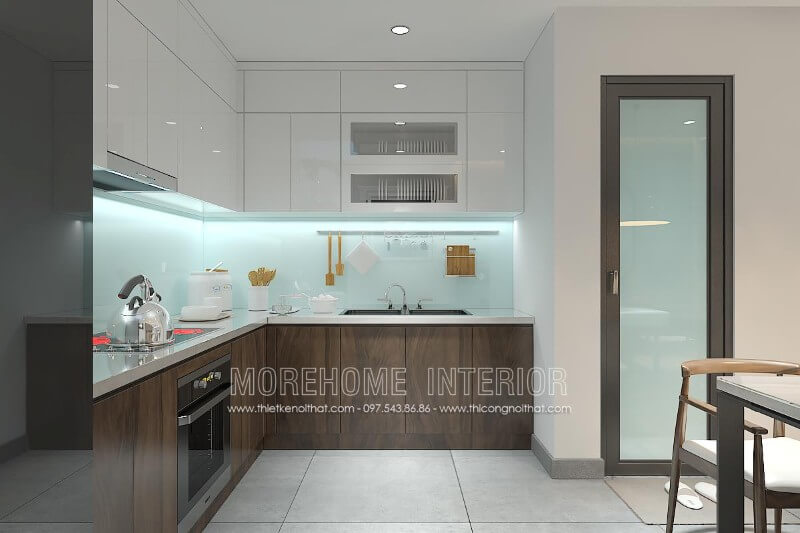 Tủ bếp hiện đại gỗ công nghiệp với sự kết hợp hài hòa của 2 gam màu nâu trầm và trắng tinh tế mang lại sự cuốn hút khó có thẻ rời mắt Tủ bếp gỗ công nghiệp