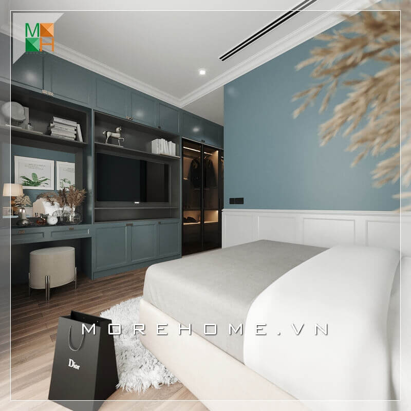 Thiết kế tủ đồ màu xanh lam kết hợp kệ tv phòng ngủ chung cư, nhà phố rất đẹp và tiện nghi, màu sắc cá tính và nổi bật. Thiết kế kệ để đồ âm tường cạnh giường ngủ rất tiện lợi tối giản diện tích căn phòng, giúp căn phòng ngủ trở nên rộng và tiện nghi hơn. Thiết kế chung cư