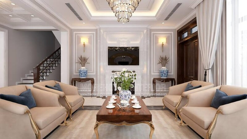 Bố trí nội thất phòng khách tân cổ điển đẹp, sang trọng tại Palm Garden. Mẫu nội thất biệt thự đẹp