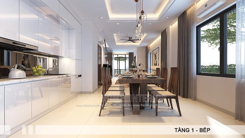 Lựa chọn phong cách hiện đại kiểu dáng chữ i ấn tượng, phần tủ bếp được thiết kế kịch trần tạo nên một không gian nhà bếp cao và thoáng đãng hơn Tủ bếp hiện đại