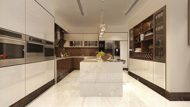Tủ bếp hiện đại được thiết kế vô cùng hợp lí, các ngăn tủ được bố trí khoa học giúp gia chủ dễ dàng phân loại, lưu trưc vật dụng nhà bếp cũng như thuận tiện hơn cho quá trình sử dụng Tủ bếp hiện đại