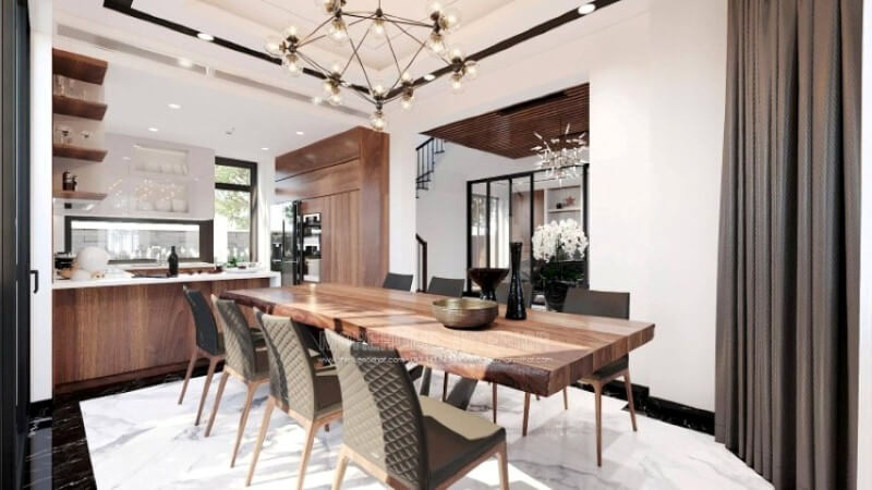 Sẽ là một gợi ý sáng tạo sẽ khiến bạn thích thú như trong mẫu bố trí không gian bếp hiện đại biệt thự Vinhomes Imperia Hải Phòng trong đây, bố trí kệ trang trí ở vị trí gần bàn ăn nhất giúp bạn lấy ly, chén một cách dễ dàng. Thiết kế nội thất biệt thự