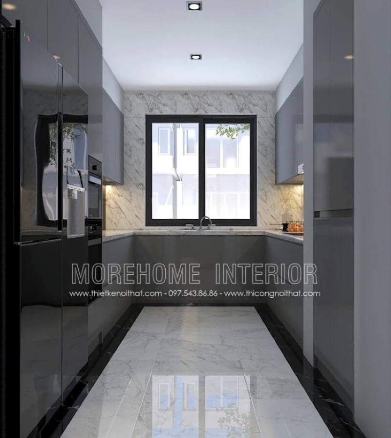 Trang trí nội thất phòng bếp không được lớn, việc sử dụng máy hút mùi có thể giúp lọc sạch không khí tuy nhiên việc bố trí cửa sổ lớn vừa giúp không khí lưu thông lại mang lại nguồn sinh khí có thể là điểm đáng chú ý. Thiết kế nội thất biệt thự