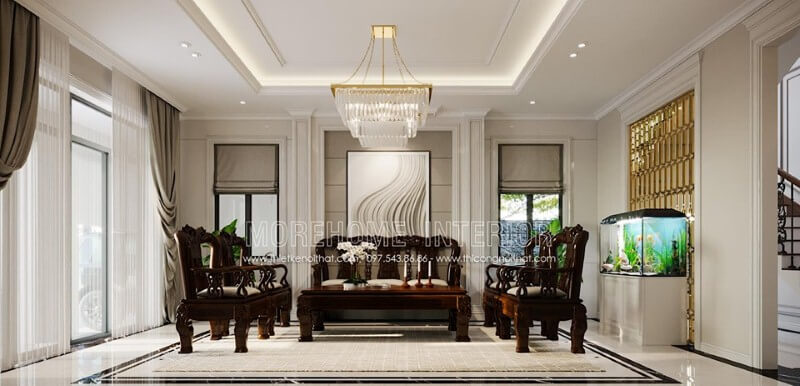 Tranh trang trí treo tường đẹp tạo điểm nhấn ấn tượng cho phòng khách. Thiết kế nội thất biệt thự