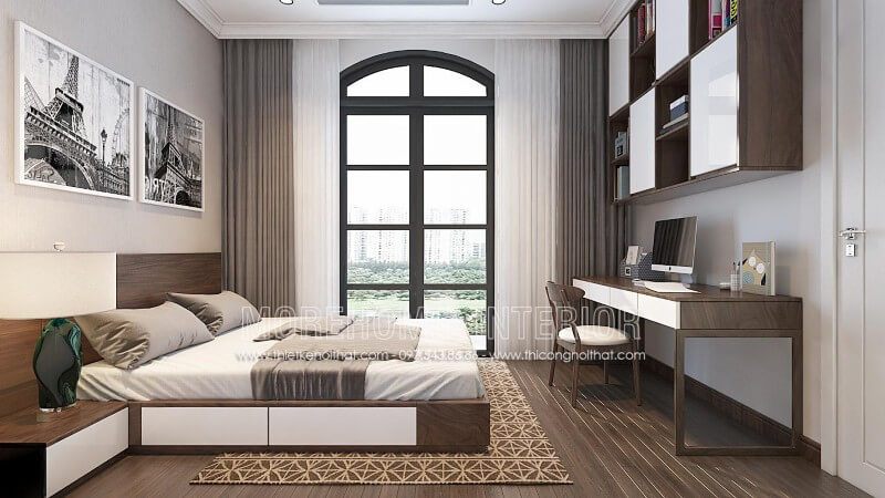Một không gian ấm áp và lãng mạn được tạo nên bởi mẫu giường ngủ thông minh có ngăn kéo phía dưới được sơn trắng phối với màu nâu của sàn gỗ và các nội thất khác.